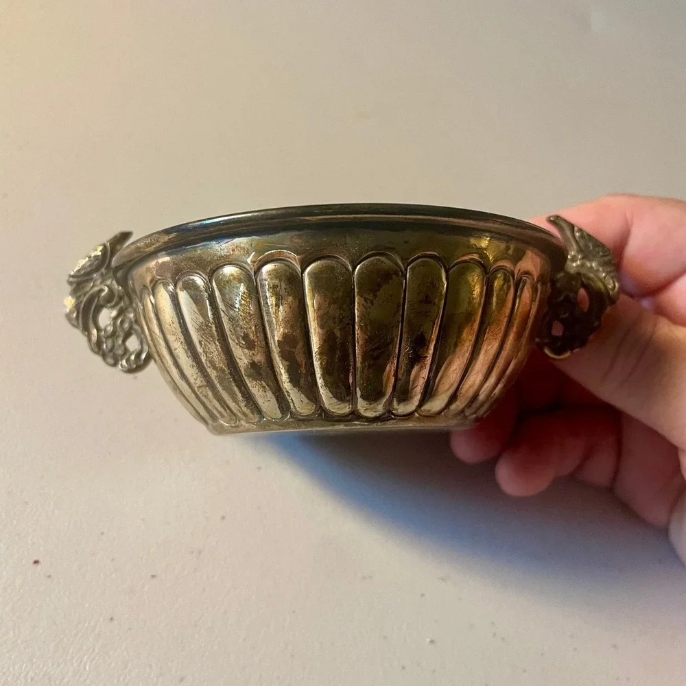 Midcentury Mexican sterling silver double peacock handled bowl by AOM for Tane O